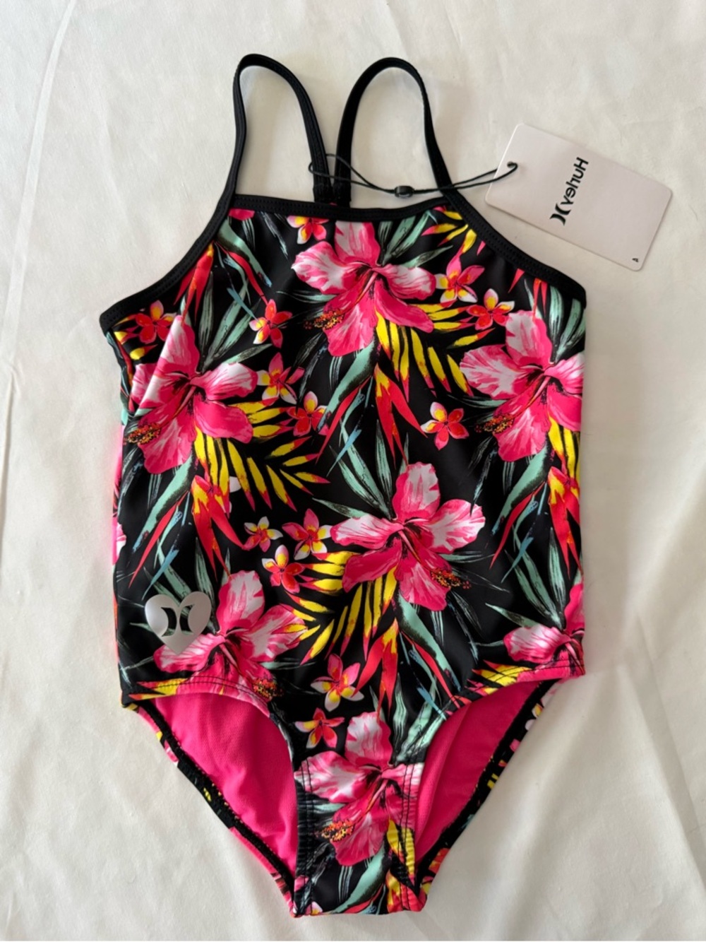 Hurley Girls Black One-Piece Swimsuit with Pink Tropical Floral Print